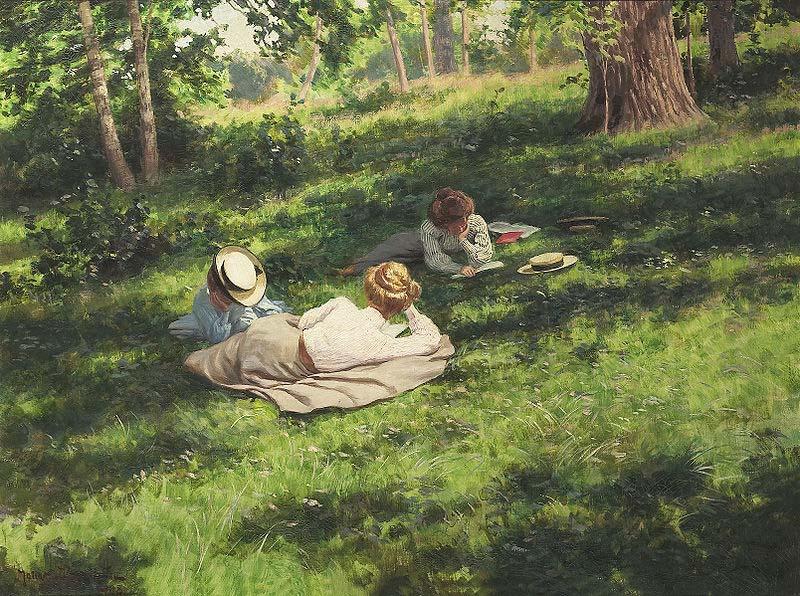 johan krouthen Three reading women in a summer landscape China oil painting art